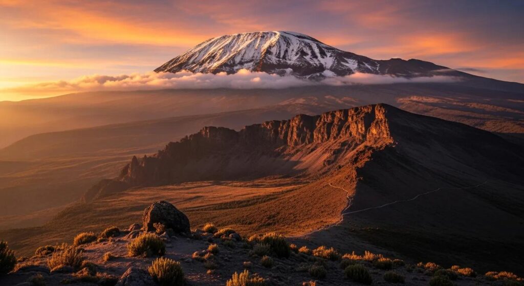 Mount Kilimanjaro at sunrise illustrating high-altitude mountaineering and acclimatization challenges.