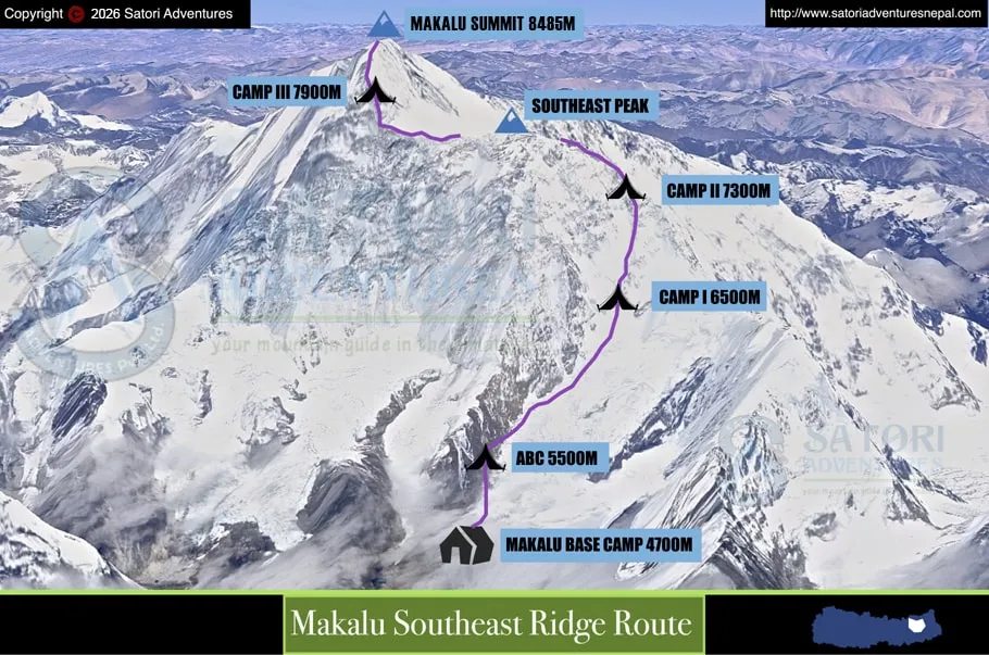 Map of Makalu Southeast Ridge Route, highlighting summit at 8485m, camps at various altitudes, and base camp at 4700m, relevant for climbers planning expeditions.