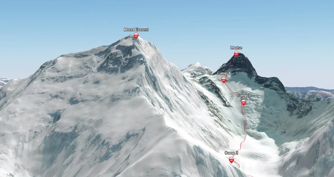 3D map of Lhotse and Mount Everest, highlighting climbing routes and camps for expeditions.