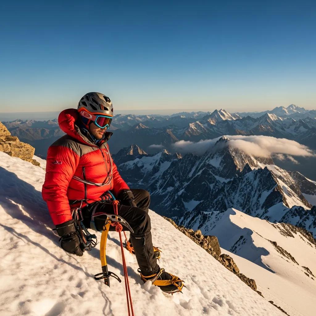 A climber acclimatizing at high altitude, surrounded by majestic mountains, highlighting safety and strategy in climbing