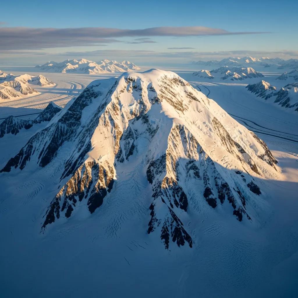 Aerial view of Vinson Massif highlighting its majestic peaks and icy surroundings