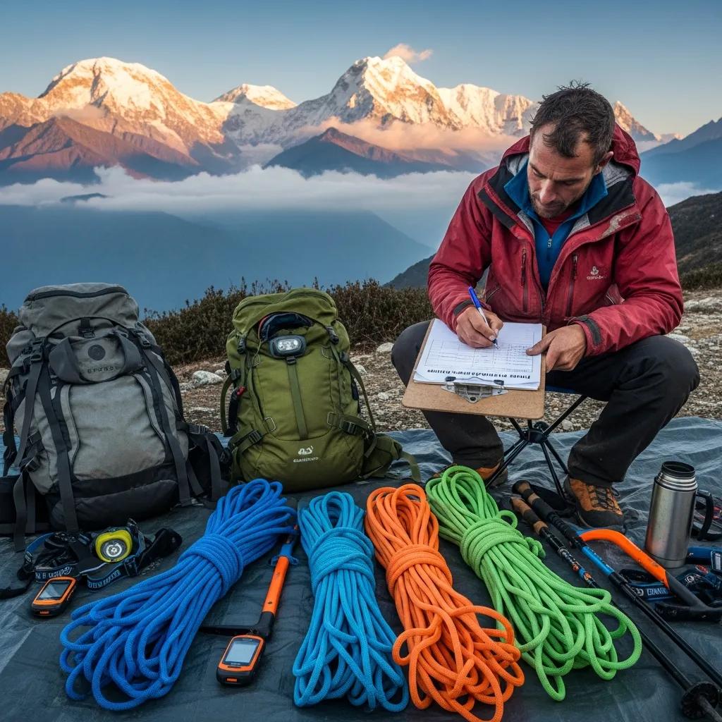 Climber completing a permit application with Kangchenjunga in the background, surrounded by climbing gear including ropes and backpacks, illustrating expedition preparation for high-altitude mountaineering.