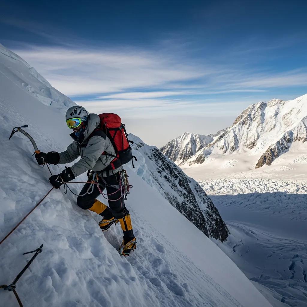 Climber on a challenging route of Vinson Massif with rugged terrain and snow-covered slopes