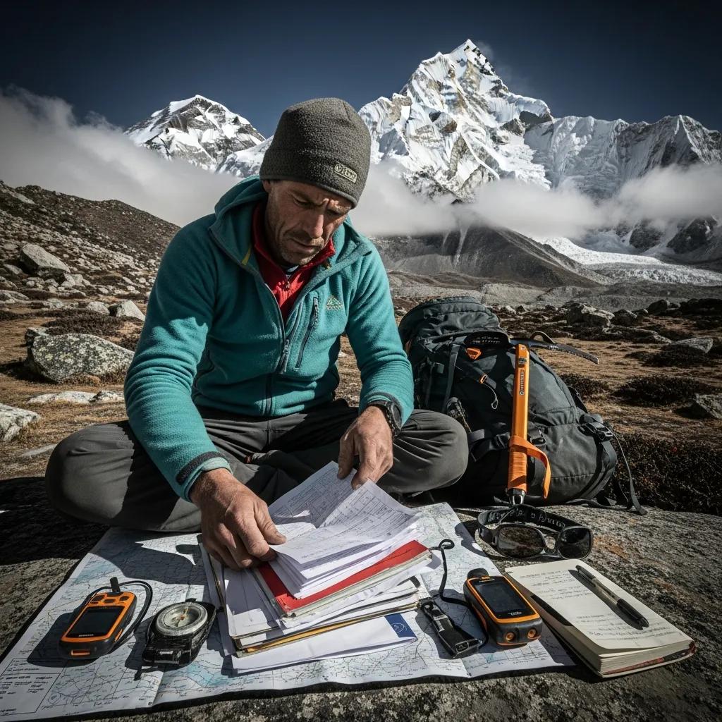 Climber reviewing expedition permits and documents on a map with Shishapangma mountain in the background, highlighting preparation for high-altitude mountaineering.