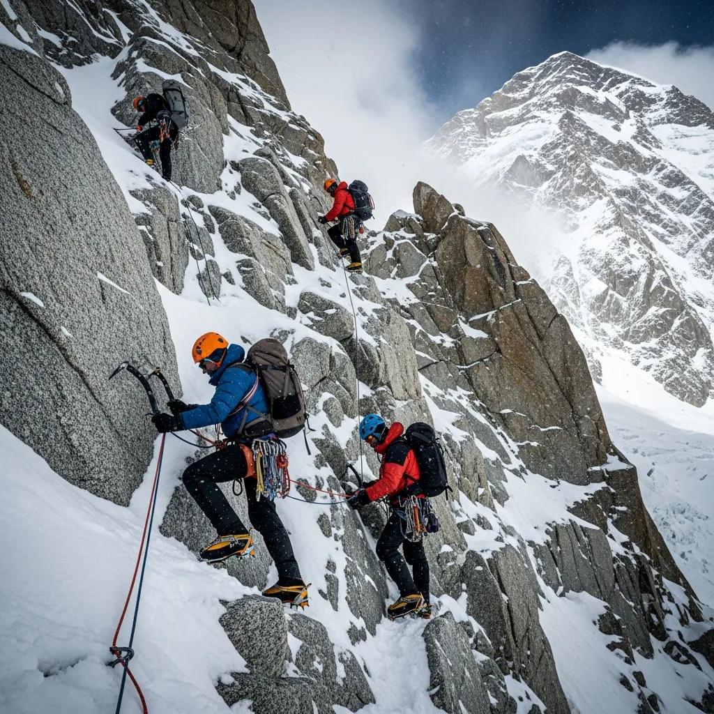 Climbers navigating the steep, snowy terrain of the Abruzzi Spur route on K2, equipped with climbing gear and ice axes, showcasing the challenges of high-altitude mountaineering.
