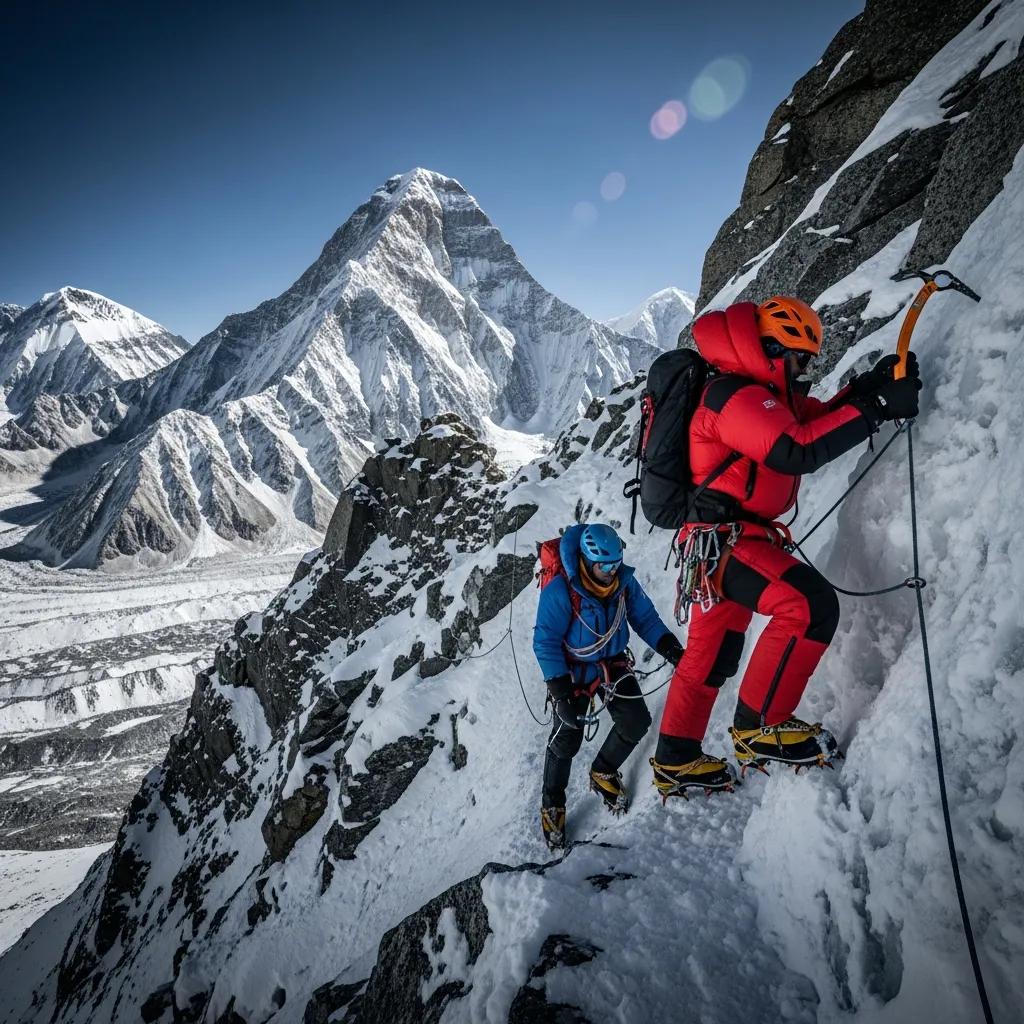 Climbers ascending the steep, snowy terrain on the Nepal route to Makalu, showcasing the challenging conditions and breathtaking mountain scenery.