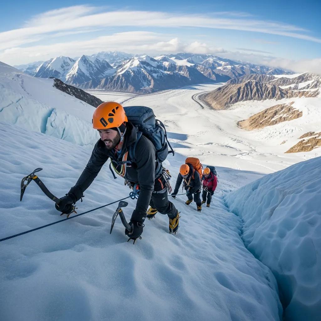 Climbers tackling the Muldrow Glacier route, showcasing the challenges of icy terrain on Denali