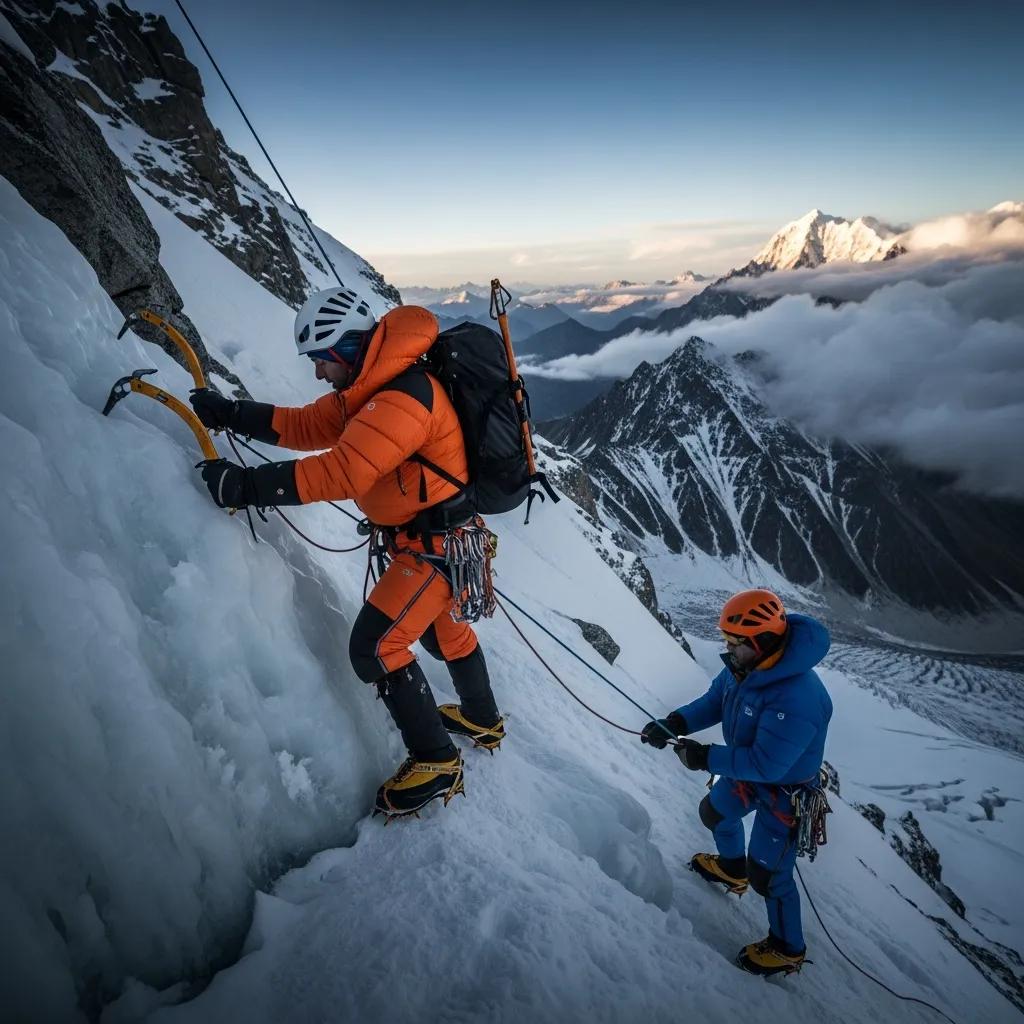 Climbers ascending the steep and icy Northeast Ridge of Manaslu showing technical mountaineering challenges in a high-altitude Himalayan setting with fixed lines and exposed terrain