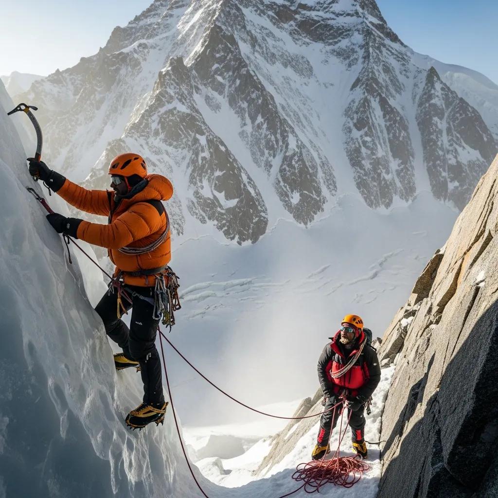 Climbers tackling the steep ice face of Nanga Parbat showing high-altitude mountaineering technical challenges with fixed lines on the world's deadliest pre-first-ascent 8000-meter peak