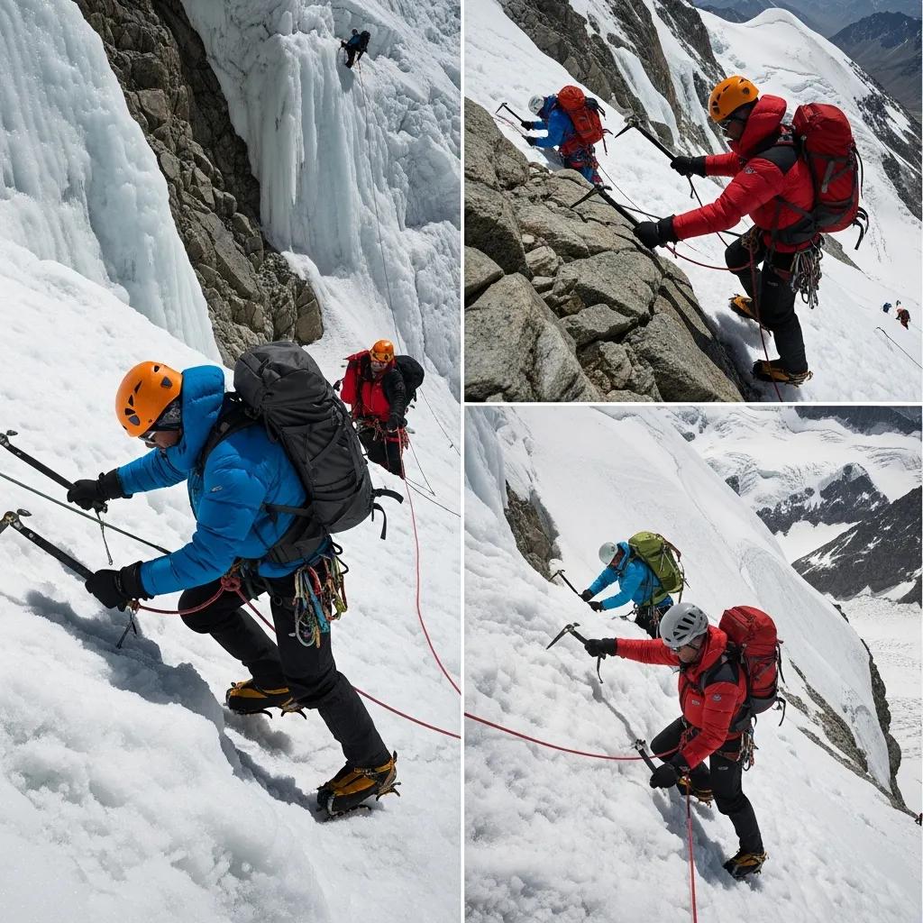 Climbers ascending steep ice and rock sections on the Northwest Face of Gasherbrum I in the Karakoram showing the technical challenges of the Japanese Couloir route in summer climbing season