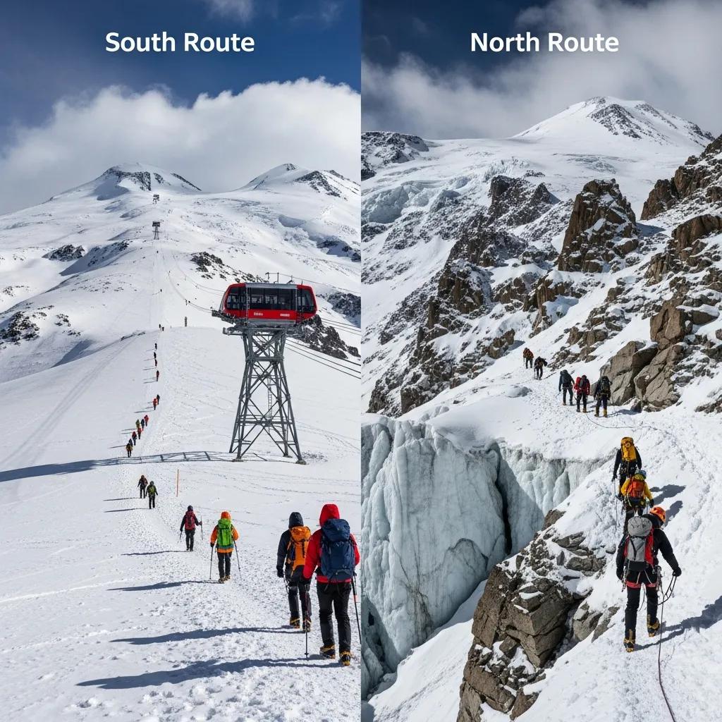 Comparison of Mount Elbrus South and North Routes, showcasing climbers navigating snowy terrain, cable car station on South Route, and rocky challenges on North Route, highlighting accessibility and climbing difficulties.
