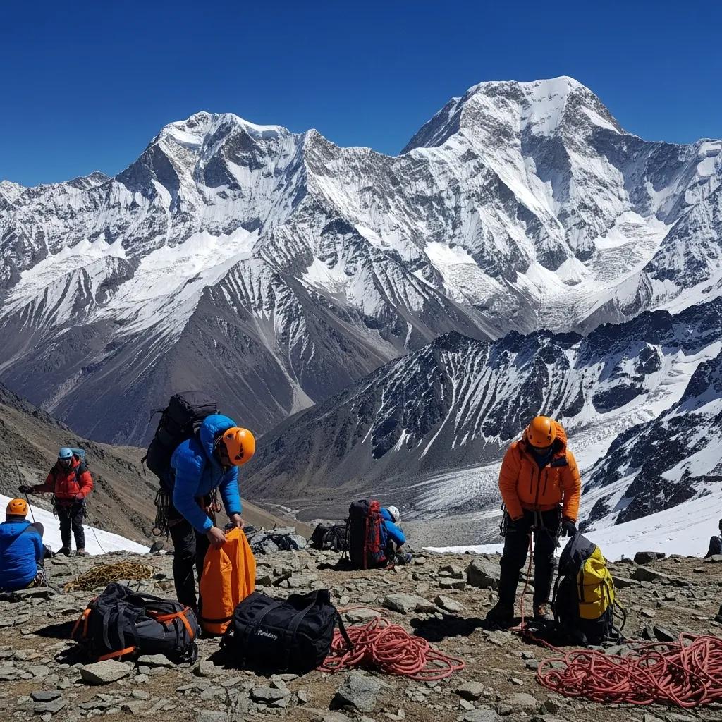 Climbers preparing for a high-altitude ascent in the Dhaulagiri–Annapurna region of Nepal