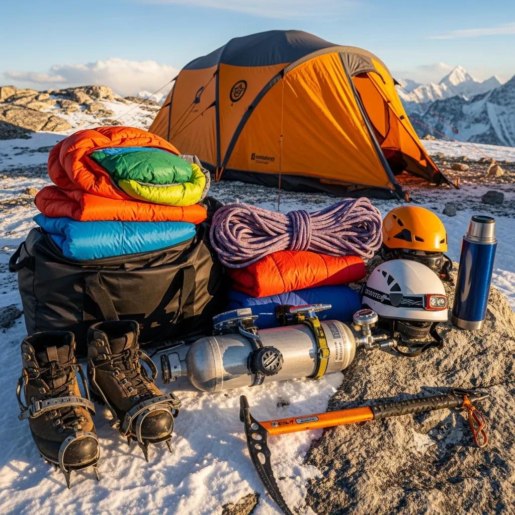 Essential climbing gear for Everest expedition including sleeping bags, climbing boots with crampons, ropes, helmets, ice axe, oxygen tank, and tent