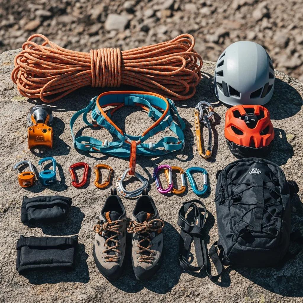 Essential mountain climbing gear including ropes, harnesses, and climbing shoes, emphasizing expedition preparation