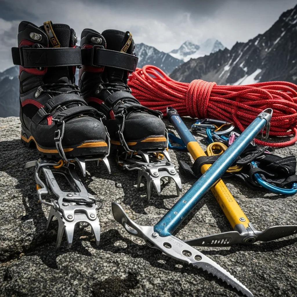 Mountaineering gear on rocky terrain: climbing boots, ice axes, and rope for high-altitude expeditions.