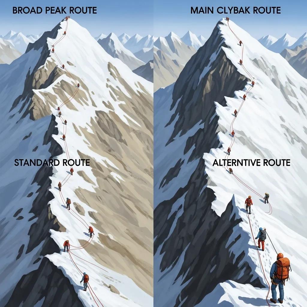 Illustration of Broad Peak climbing routes with climbers, showcasing standard and alternative paths