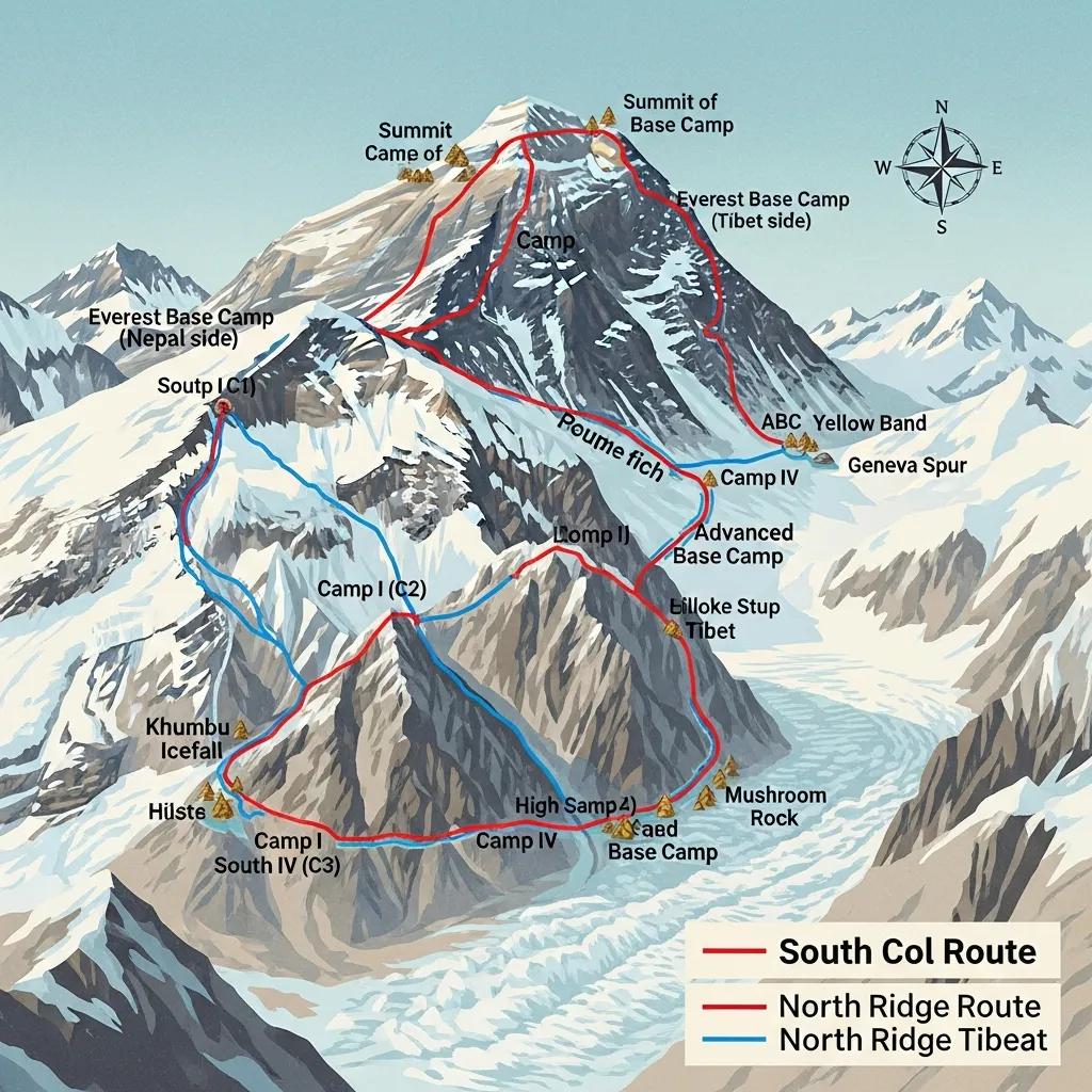 Illustrative map showing South Col and North Ridge routes for climbing Mount Everest with key landmarks and camps in Nepal and Tibet