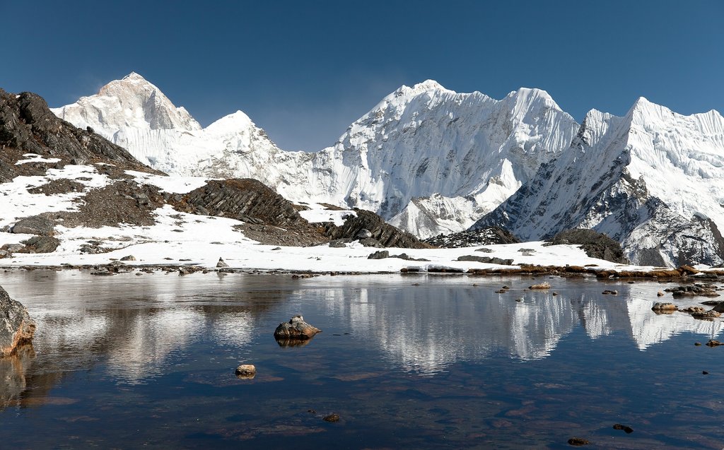 Snow-capped peaks of Makalu and surrounding mountains reflected in a tranquil alpine lake, showcasing the stunning Himalayan landscape relevant to high-altitude mountaineering.