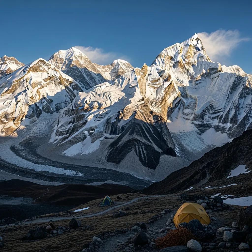 Majestic view of eight-thousanders mountains with snow-capped peaks and rocky terrain, showcasing the grandeur and scale relevant to climbing expeditions.