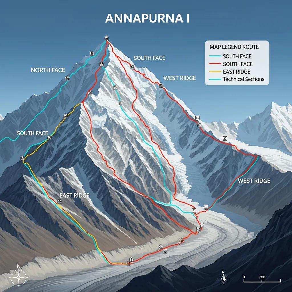 Map of Annapurna I climbing routes, highlighting North Face, South Face, East Ridge, and West Ridge paths