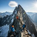 Mountain climbers ascending a peak in a stunning mountain landscape, representing adventure and nature