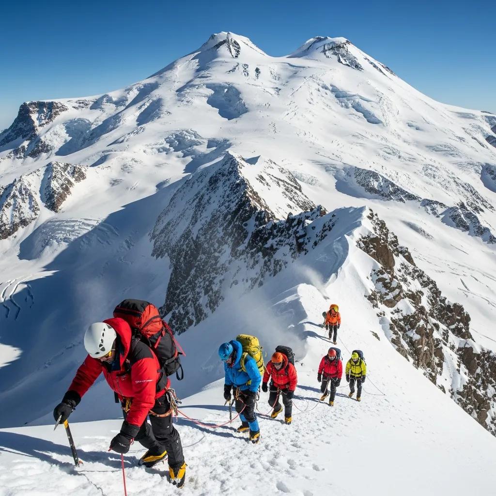 Climbers ascending Mount Elbrus, Europe's highest peak, showcasing the adventure and challenges of high-altitude alpine climbing in snowy conditions.
