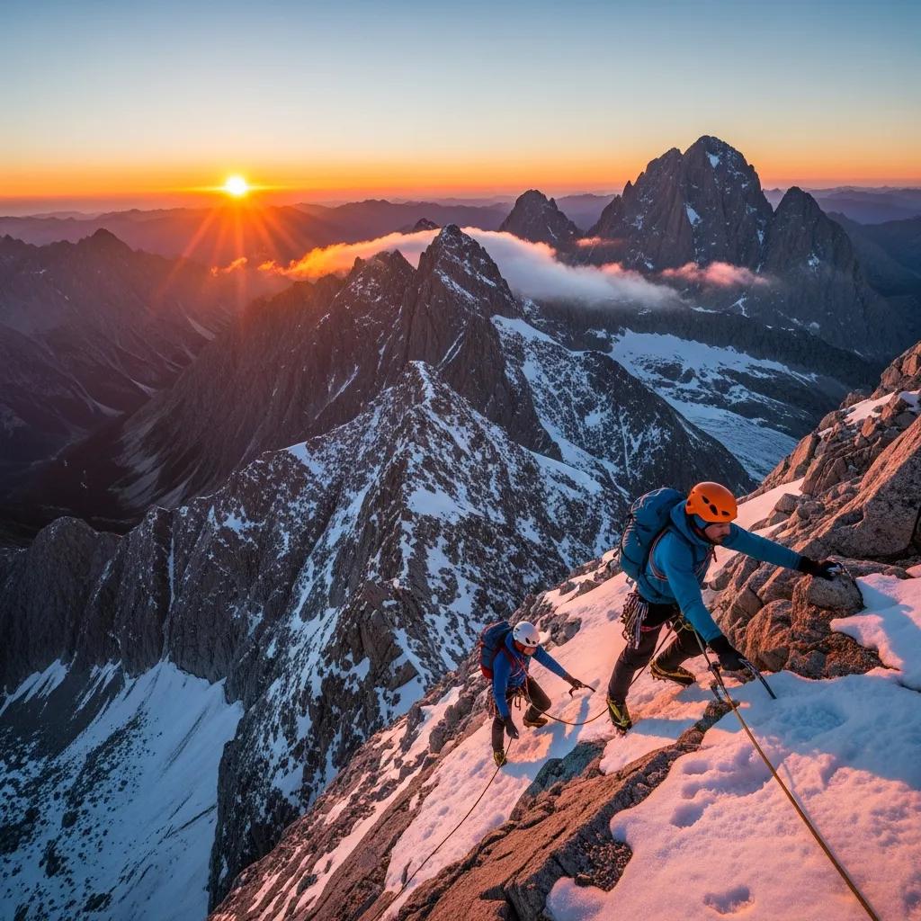 Climbers ascending a rocky mountain landscape at sunrise, showcasing the thrill of mountain climbing amidst dramatic peaks and snow-covered terrain.