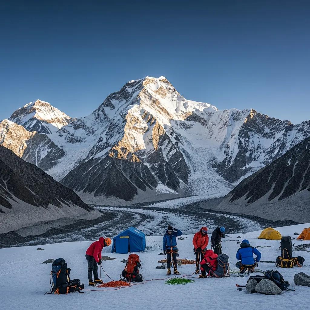 Stunning view of Gasherbrum II peak with climbers preparing for ascent