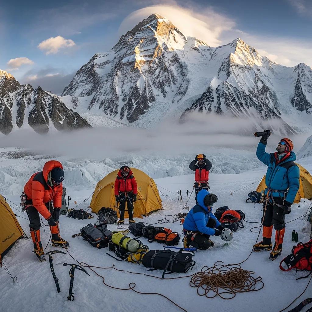 Climbers preparing for ascent at K2 base camp, surrounded by gear and tents, showcasing high-altitude mountaineering adventure.