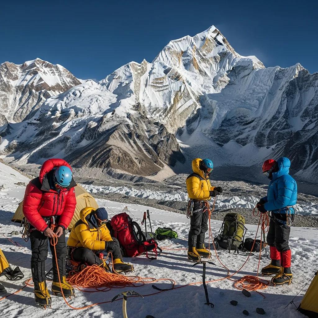 Climbers preparing beneath Manaslu during a high-altitude Nepal expedition