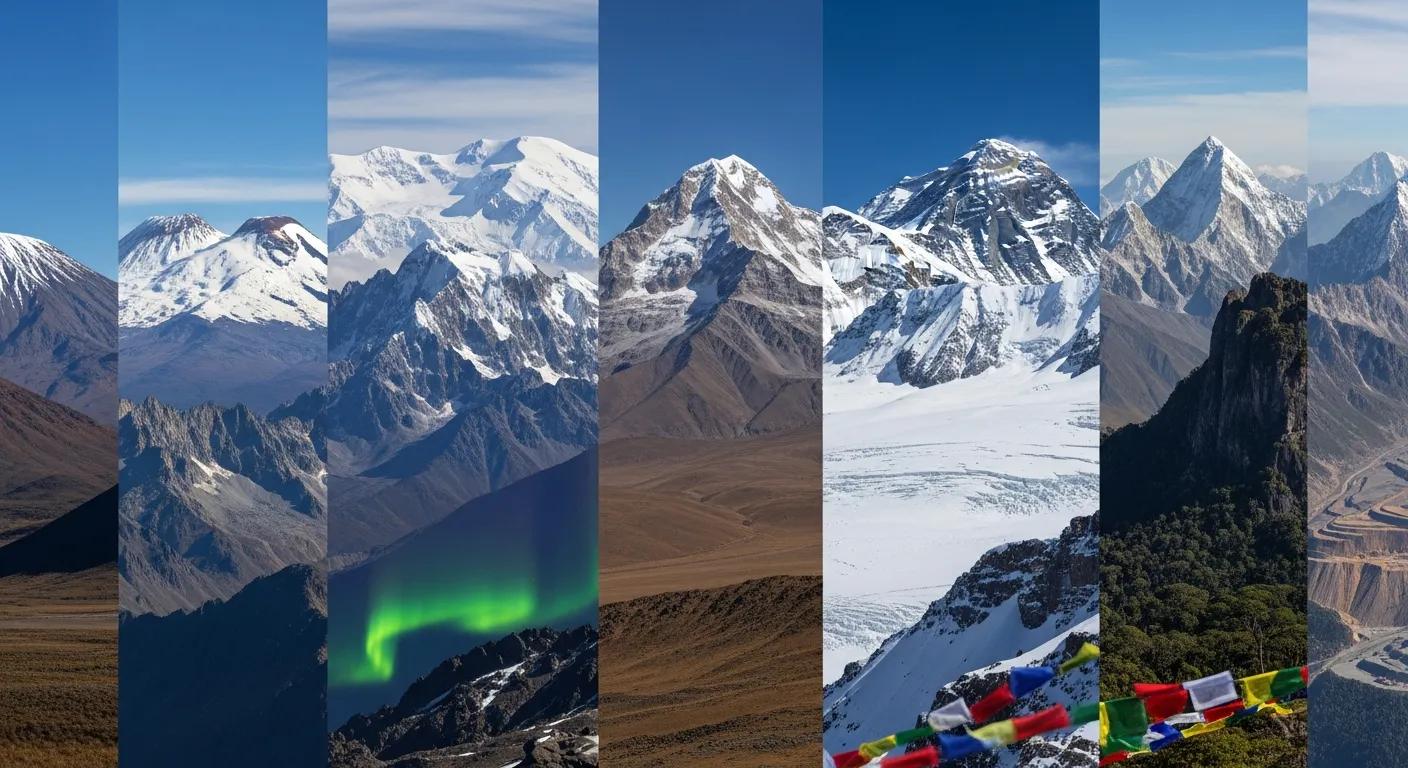 Panoramic view of multiple mountain ranges, showcasing diverse peaks and terrain, including snow-capped summits and lush valleys, representing the 7 Summits challenge in mountaineering.