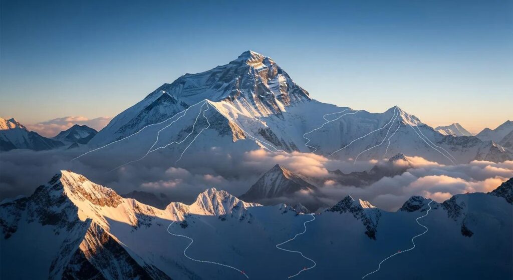 Mount Everest with highlighted climbing routes, surrounded by snow-capped peaks and clouds, illustrating major ascent paths for climbers.