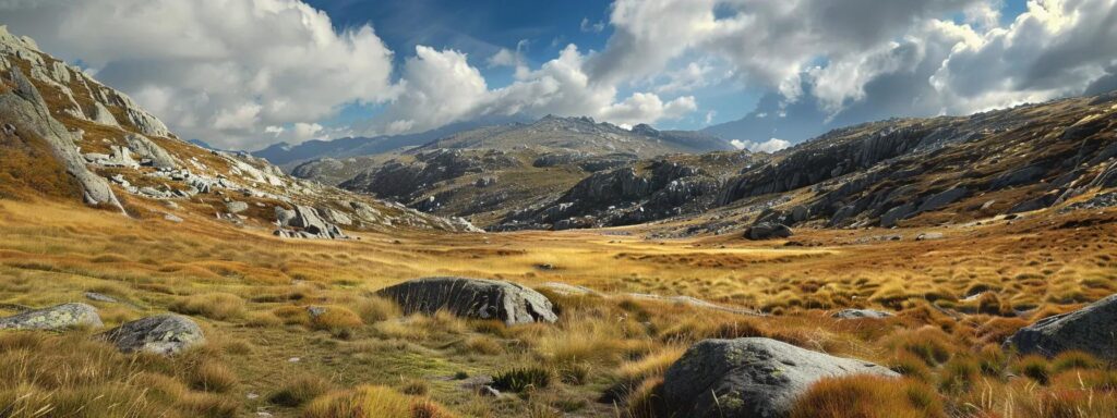 Scenic view of a mountainous landscape in Oceania, featuring grassy plains, rocky formations, and dramatic clouds, relevant to climbing routes and outdoor adventures in Australia and New Zealand.