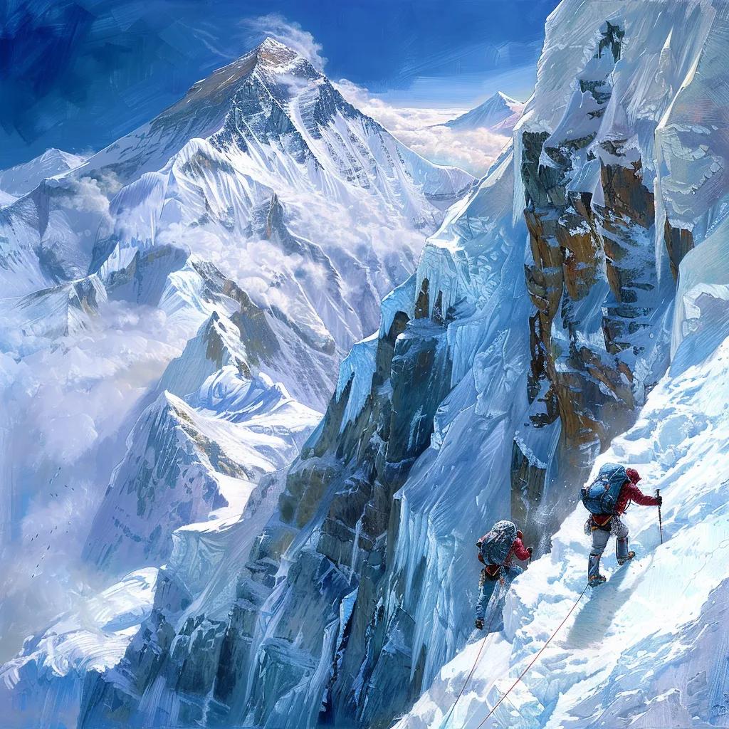Climbers tackling the technical northwest ridge route of Nuptse