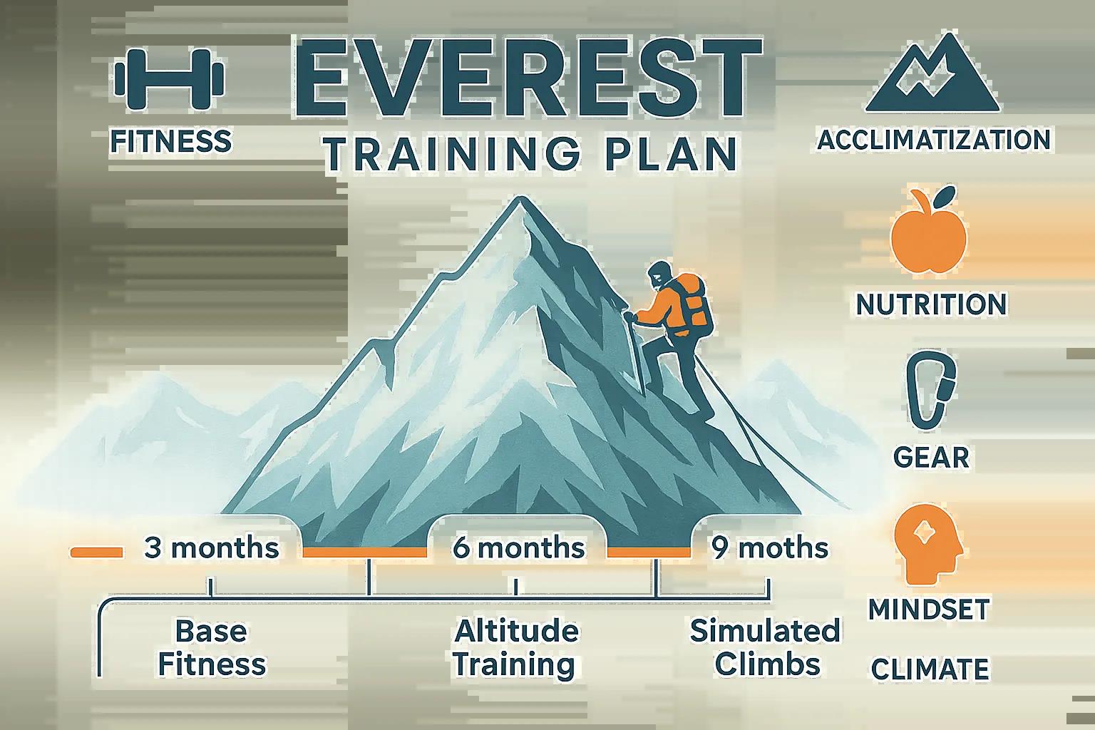 Everest training plan infographic illustrating fitness, acclimatization, nutrition, gear, mindset, and climate preparation for climbing challenges.