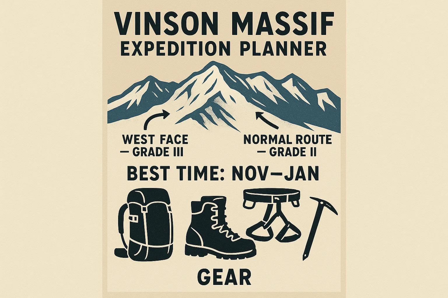 Vinson Massif expedition planner graphic featuring climbing routes, gear recommendations, and optimal climbing season from November to January.