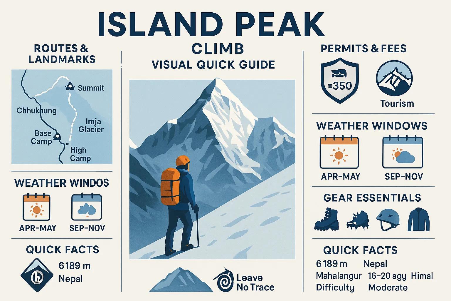 Island Peak climbing guide infographic featuring a climber with gear, mountain backdrop, routes, weather windows, permits, and essential gear information for climbers in Nepal.