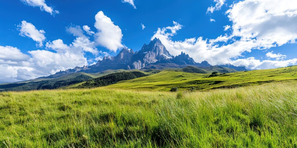 Mount Kenya landscape with lush green grasslands, dramatic rocky peaks, and a vibrant blue sky, illustrating the trekking and climbing opportunities available on the mountain.