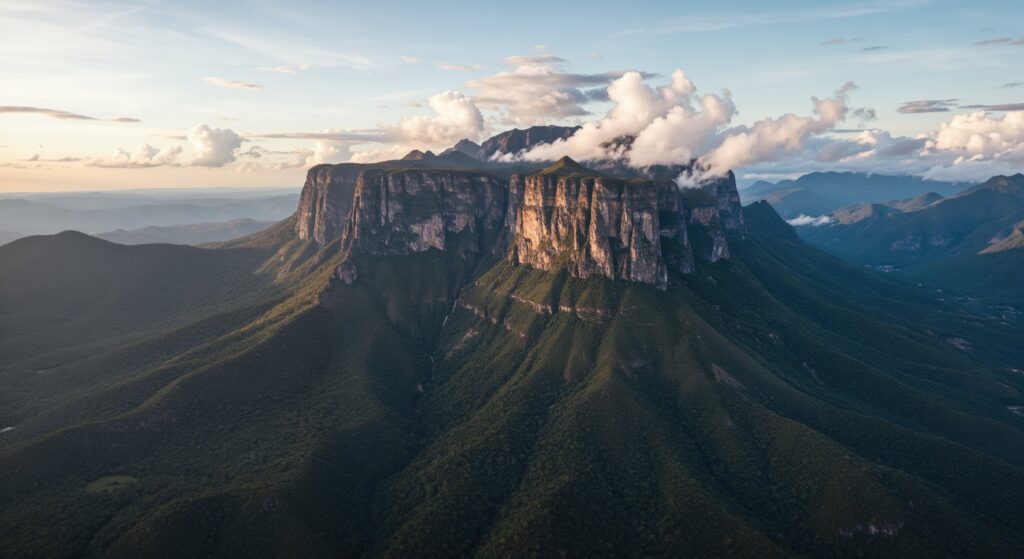 Aerial view of Mount Roraima, showcasing its distinct flat-topped summit, steep cliffs, and lush green surroundings, representing a prime trekking destination at the border of Brazil, Guyana, and Venezuela.