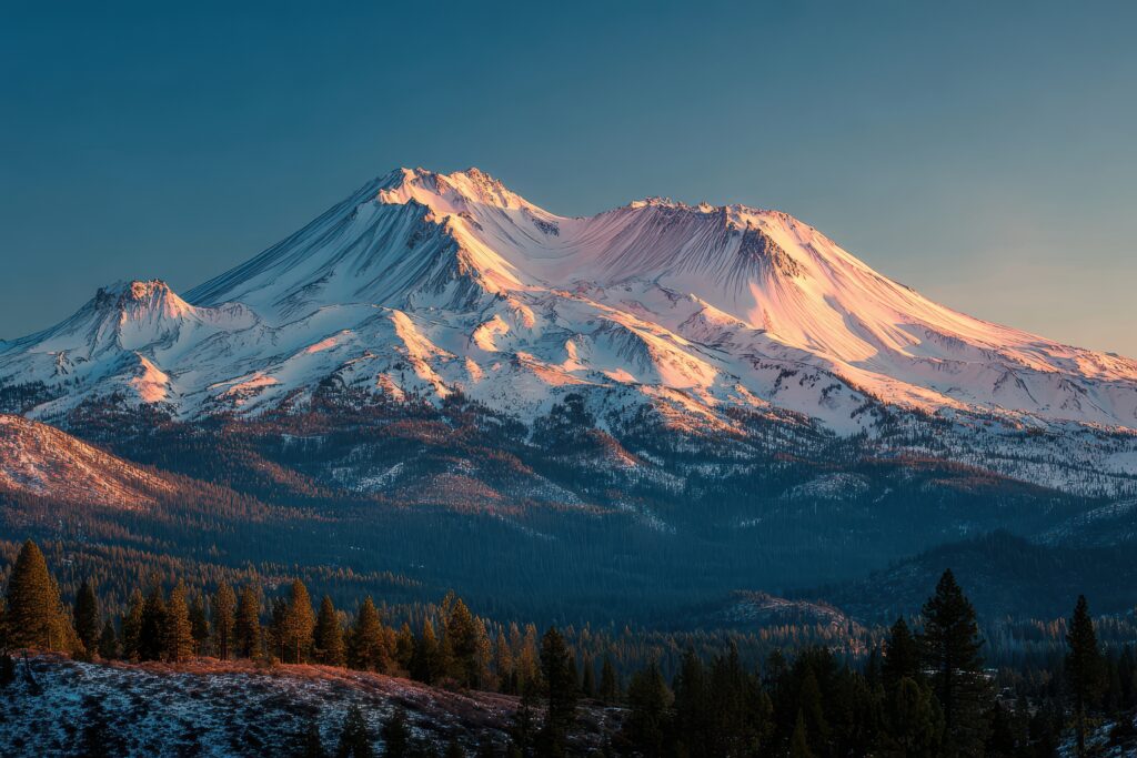 Mount Shasta at sunrise — California's 14,179 foot Cascade stratovolcano with snow-capped slopes and dramatic alpine character