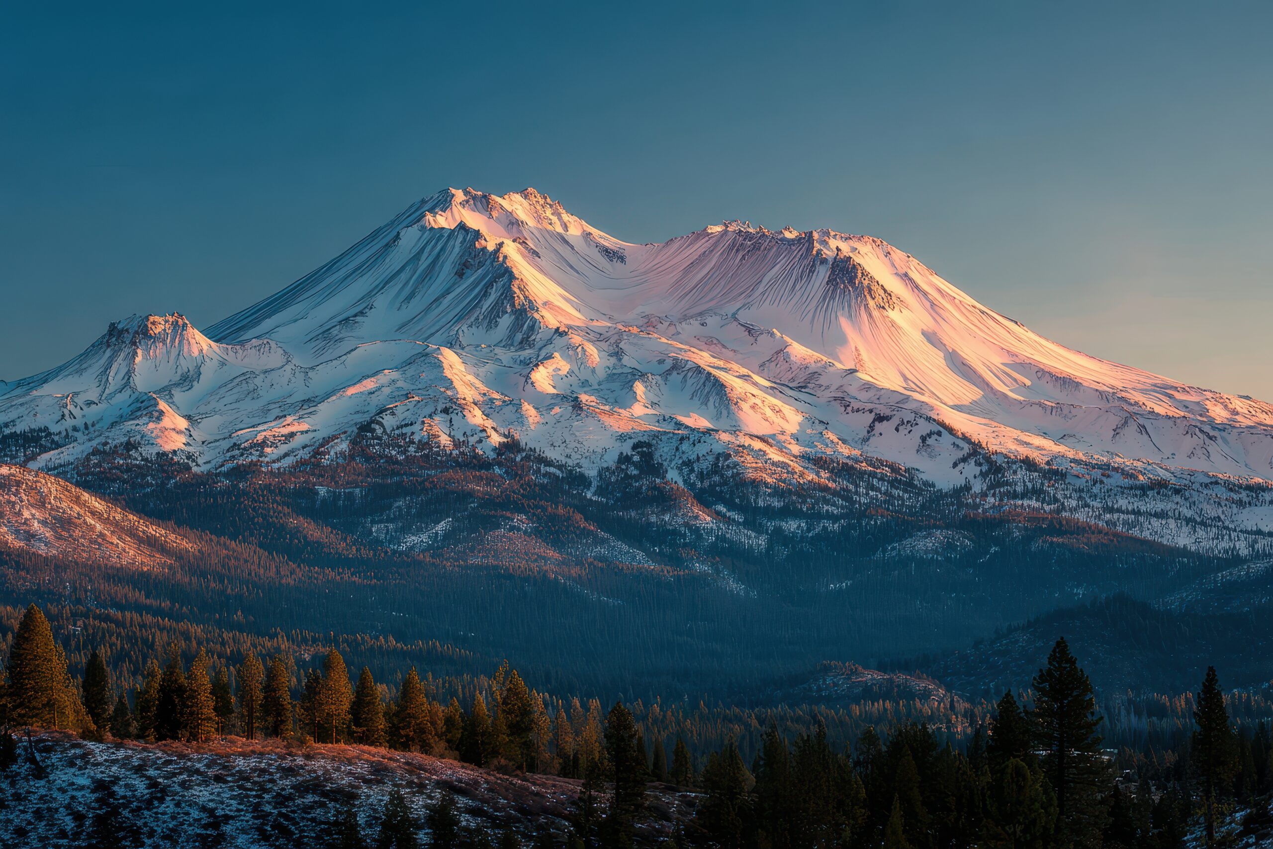 Mount Shasta at sunrise showing the snow-capped 14179 foot stratovolcano in northern California with volcanic terrain and evergreen forests below in the Shasta-Trinity National Forest of the Cascade Range — the highest peak in the southern Cascade Range and a sacred mountain to the Winnemem Wintu Shasta Karuk Modoc Klamath Atsugewi and Achumawi peoples