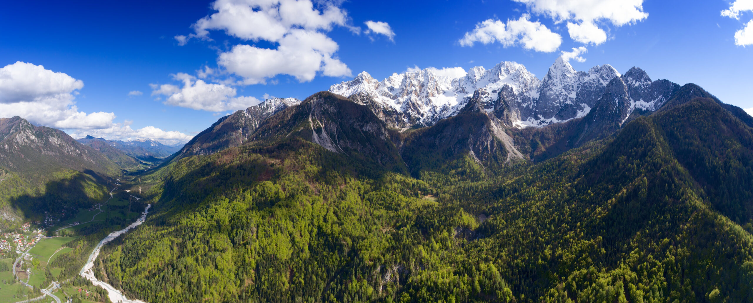 Aerial panorama of Mount Triglav and the Julian Alps in Triglav National Park, Slovenia &mdash; the country's highest peak and national symbol