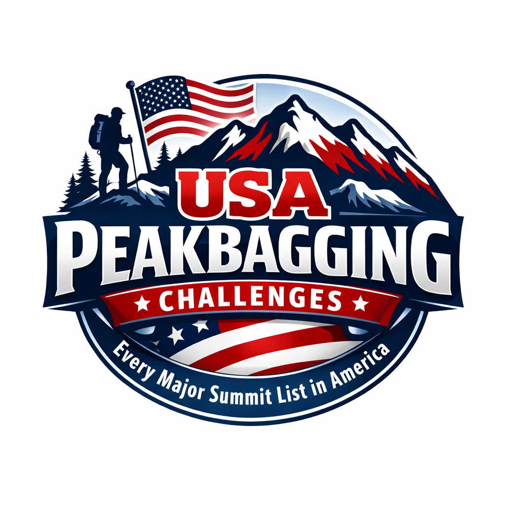 USA Peakbagging Challenges logo featuring a hiker with an American flag, mountains, and text emphasizing major summit lists in America.