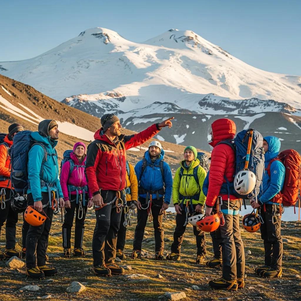 A certified guide briefing climbers at the base of Mount Elbrus, emphasizing teamwork and preparation