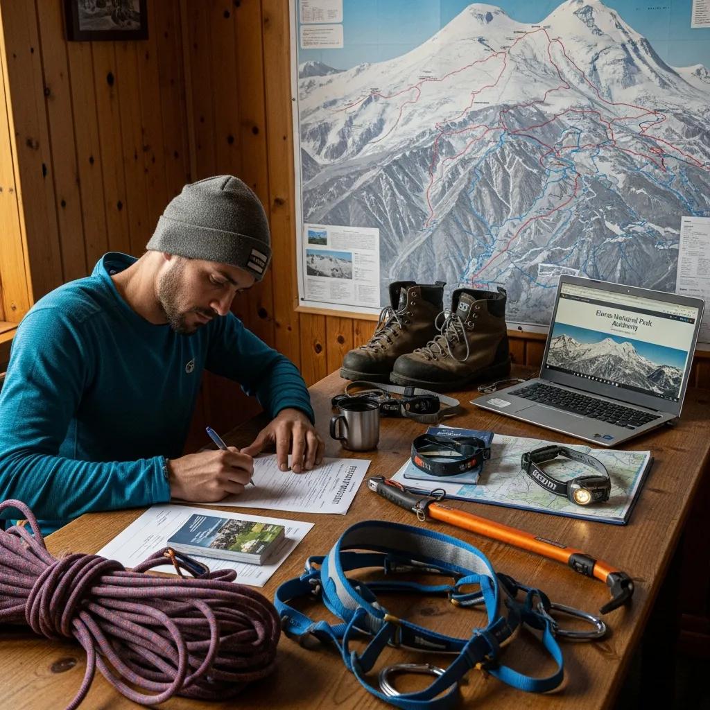 A climber completing a permit application for Mount Elbrus, with climbing gear and a map in the background