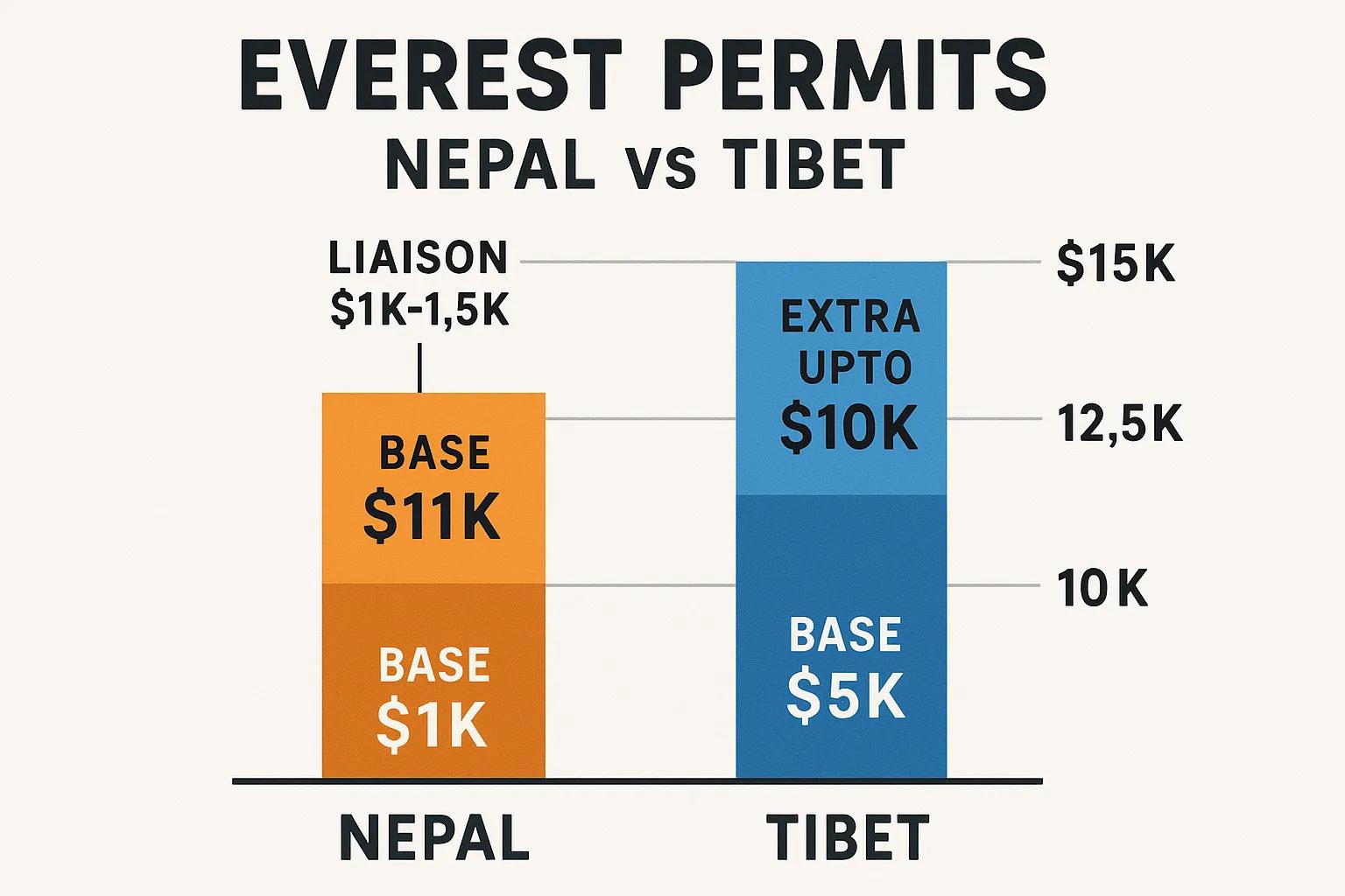 Everest climbing permit comparison chart showing costs for Nepal and Tibet, highlighting base fees of $11K for Nepal and $5K for Tibet, with additional liaison fees and potential extra costs up to $10K for Tibet.
