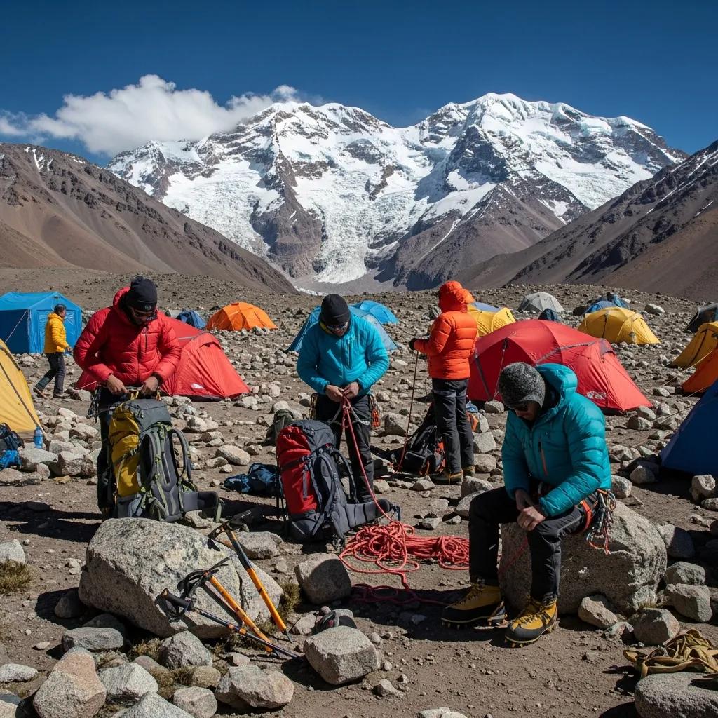 Climbers preparing gear at Aconcagua base camp with colorful tents and snow-capped mountains in the background, highlighting the adventure of climbing Aconcagua.
