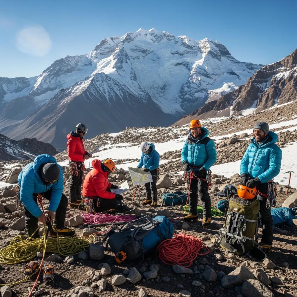 Aconcagua mountain landscape with climbers preparing for an expedition