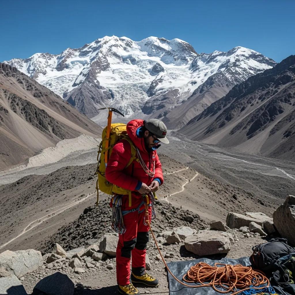 Aconcagua mountain peak with a climber preparing for ascent, highlighting the challenges of high-altitude climbing