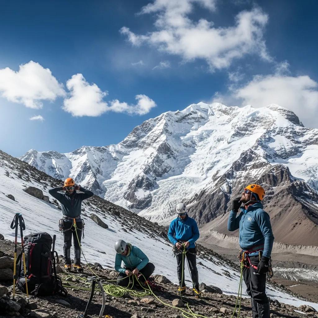 Aconcagua mountain peak with climbers preparing gear, representing high-altitude climbing adventure